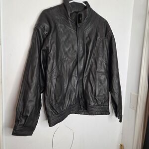 Adler Mens Black Genuine Leather Bomber Jacket Mock Neck Vintage Style Size L